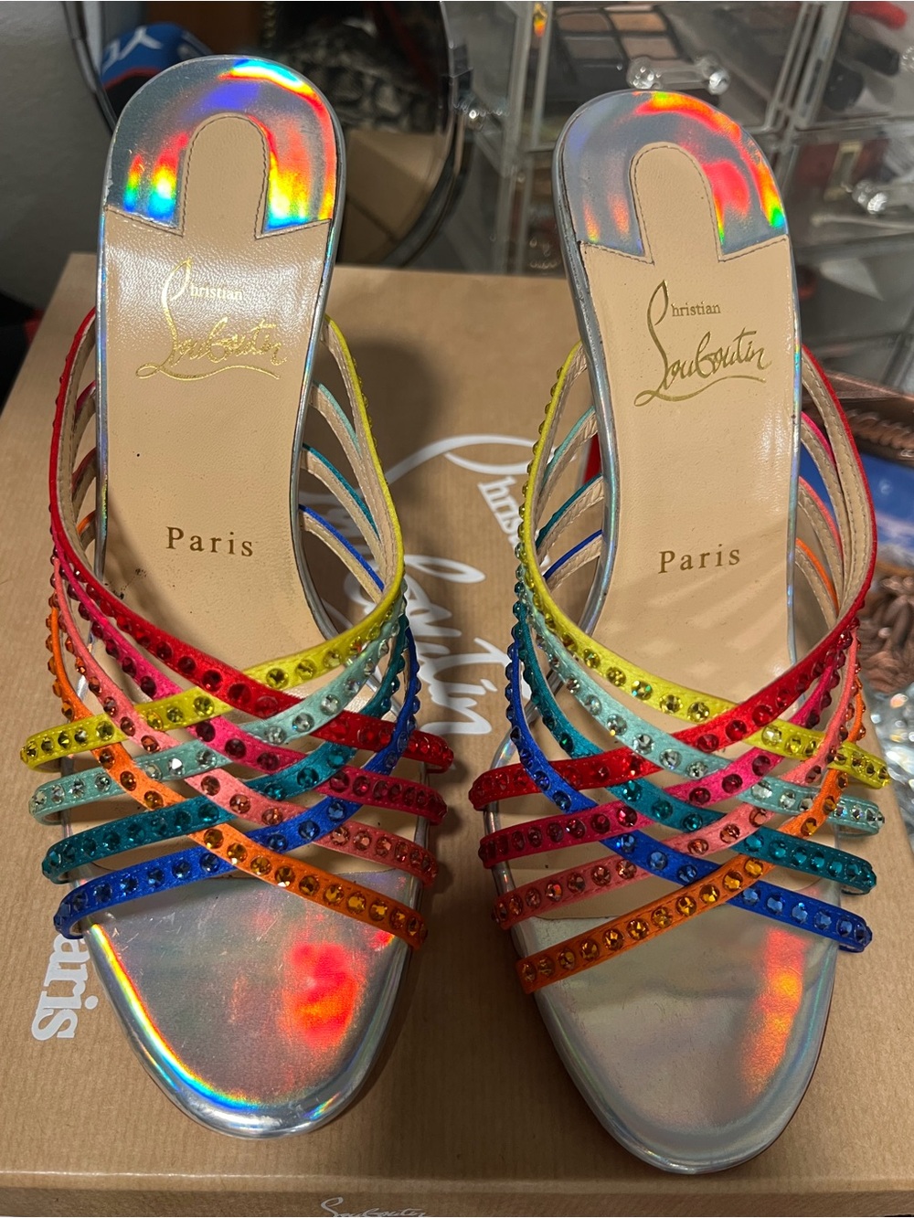 Christian Louboutin Rainbow Crystal-Strap Metallic Slide Heels